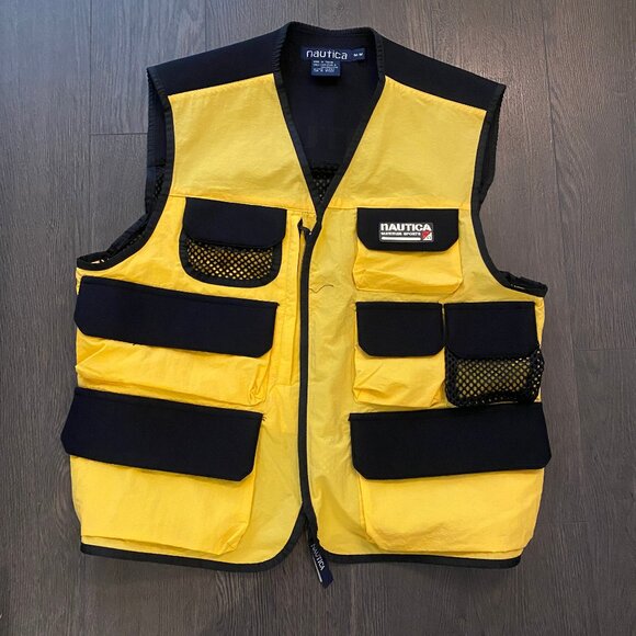 RARE Vintage 90s Nautica yellow black utility cargo vest - Picture 1 of 12
